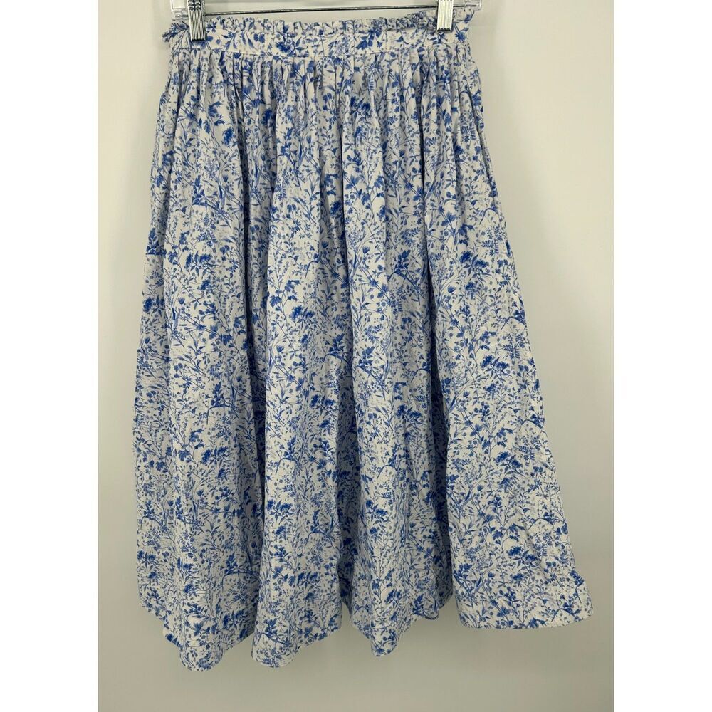 ANOUKI  pleated A-line floral skirt Cottagecore Women's Size 8 Blue White Midi